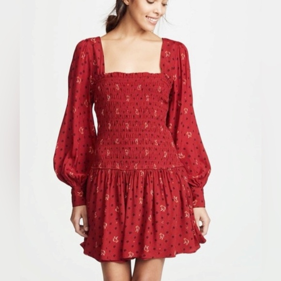 Free People Flirty Coquette Smocked Mini Dress Red Floral Puff Sleeve Size Small - Picture 14 of 14